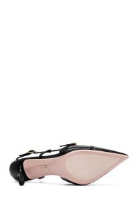 کفش زنانه مشکی چرم پاشنه نازک پشت باز بنددار دری مد