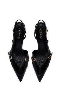 کفش زنانه مشکی چرم پاشنه نازک پشت باز بنددار دری مد