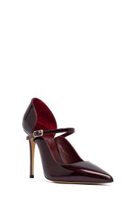 کفش زنانه ورنی زرشکی سگک‌دار پاشنه‌بلند نازک دری مد