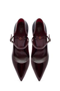 کفش زنانه ورنی زرشکی سگک‌دار پاشنه‌بلند نازک دری مد