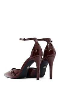 کفش زنانه ورنی زرشکی پاشنه‌بلند نازک استیلتو مچی سگک‌دار دری مد