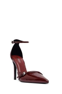 کفش زنانه ورنی زرشکی پاشنه‌بلند نازک استیلتو مچی سگک‌دار دری مد