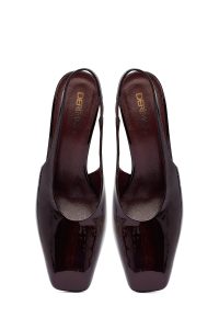 کفش زنانه ورنی زرشکی پشت‌باز پاشنه‌بلند ضخیم دری مد