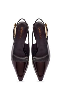 کفش زنانه ورنی زرشکی پشت‌باز پاشنه‌بلند نازک دری مد