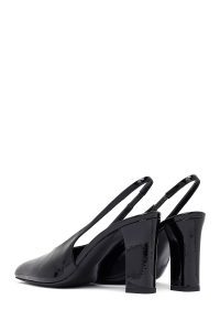 کفش زنانه ورنی مشکی پشت‌باز پاشنه‌بلند ضخیم دری مد