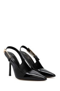 کفش زنانه ورنی مشکی پشت‌باز پاشنه‌بلند نازک دری مد