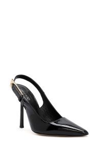 کفش زنانه ورنی مشکی پشت‌باز پاشنه‌بلند نازک دری مد