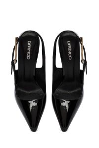 کفش زنانه ورنی مشکی پشت‌باز پاشنه‌بلند نازک دری مد