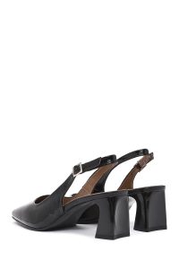 کفش زنانه پشت باز بنددار پاشنه‌دار ورنی مشکی دری مد