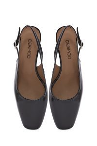 کفش زنانه پشت باز بنددار پاشنه‌دار ورنی مشکی دری مد