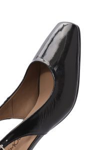 کفش زنانه پشت باز بنددار پاشنه‌دار ورنی مشکی دری مد