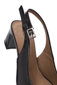 کفش زنانه پشت باز بنددار پاشنه‌دار ورنی مشکی دری مد