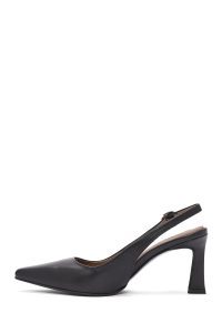 کفش زنانه پشت باز بنددار پاشنه‌دار چرم مشکی دری مد