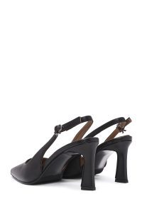 کفش زنانه پشت باز بنددار پاشنه‌دار چرم مشکی دری مد