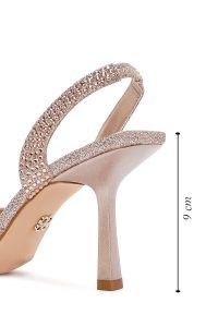 کفش زنانه پشت باز نگین‌دار پاشنه‌دار نازک طلایی دری مد