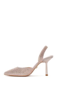 کفش زنانه پشت باز نگین‌دار پاشنه‌دار نازک طلایی دری مد