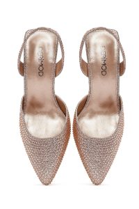 کفش زنانه پشت باز نگین‌دار پاشنه‌دار نازک طلایی دری مد