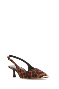 کفش زنانه پلنگی ساتن پاشنه نازک کوتاه پشت باز دری مد