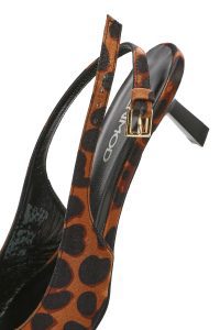 کفش زنانه پلنگی ساتن پاشنه نازک کوتاه پشت باز دری مد