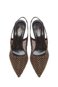 کفش زنانه چرم برنز نگین‌دار پشت‌باز پاشنه‌نازک دری مد