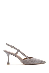 کفش زنانه چرم جیر طوسی پشت‌باز پاشنه‌نازک دری مد