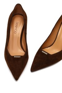 کفش زنانه چرم جیر قهوه‌ای پاشنه‌نازک استیلتو دری مد