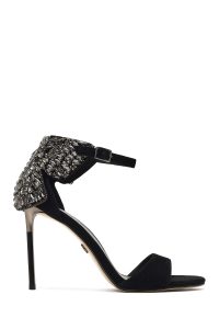 کفش زنانه چرم جیر مشکی نگین‌دار مچی سگک‌دار پاشنه‌بلند نازک دری مد