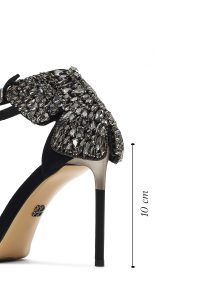 کفش زنانه چرم جیر مشکی نگین‌دار مچی سگک‌دار پاشنه‌بلند نازک دری مد