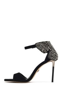 کفش زنانه چرم جیر مشکی نگین‌دار مچی سگک‌دار پاشنه‌بلند نازک دری مد