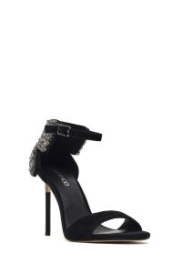 کفش زنانه چرم جیر مشکی نگین‌دار مچی سگک‌دار پاشنه‌بلند نازک دری مد