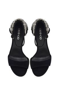 کفش زنانه چرم جیر مشکی نگین‌دار مچی سگک‌دار پاشنه‌بلند نازک دری مد