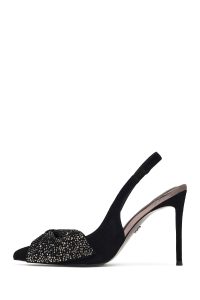 کفش زنانه چرم جیر مشکی نگین‌دار پشت‌باز پاشنه‌بلند نازک دری مد