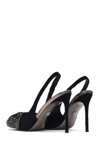 کفش زنانه چرم جیر مشکی نگین‌دار پشت‌باز پاشنه‌بلند نازک دری مد