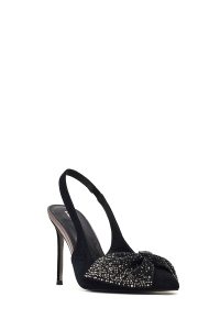 کفش زنانه چرم جیر مشکی نگین‌دار پشت‌باز پاشنه‌بلند نازک دری مد