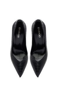 کفش زنانه چرم مشکی طرح‌دار پاشنه‌بلند نازک استیلتو دری مد