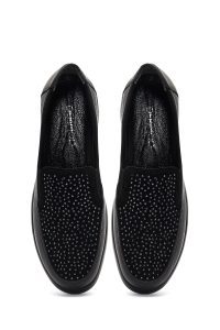 کفش زنانه چرم مشکی لژدار با جزئیات نگین راحتی دری مد