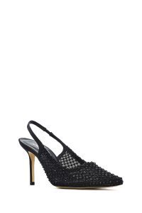 کفش زنانه چرم مشکی نگین‌دار پشت‌باز پاشنه‌نازک دری مد