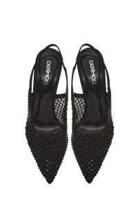 کفش زنانه چرم مشکی نگین‌دار پشت‌باز پاشنه‌نازک دری مد