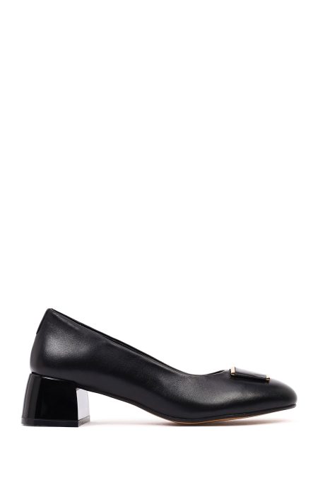 کفش زنانه چرم مشکی پاشنه‌کوتاه ضخیم دری مد