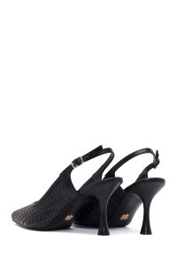 کفش زنانه چرم مشکی پشت‌باز پاشنه‌نازک مچی سگک‌دار طرح‌دار دری مد