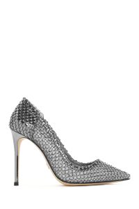 کفش زنانه چرم نقره‌ای نگین‌دار پاشنه‌بلند نازک استیلتو دری مد