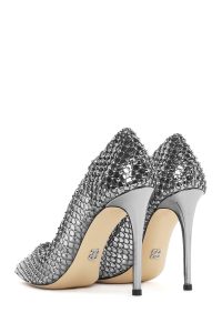 کفش زنانه چرم نقره‌ای نگین‌دار پاشنه‌بلند نازک استیلتو دری مد