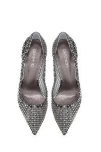 کفش زنانه چرم نقره‌ای نگین‌دار پاشنه‌بلند نازک استیلتو دری مد