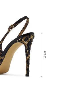 کفش زنانه چرم پلنگی نگین‌دار پشت‌باز پاشنه‌بلند نازک دری مد