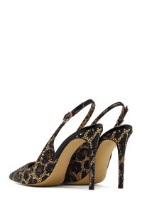 کفش زنانه چرم پلنگی نگین‌دار پشت‌باز پاشنه‌بلند نازک دری مد