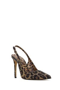 کفش زنانه چرم پلنگی نگین‌دار پشت‌باز پاشنه‌بلند نازک دری مد