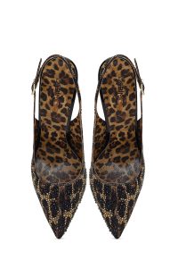 کفش زنانه چرم پلنگی نگین‌دار پشت‌باز پاشنه‌بلند نازک دری مد