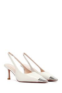 کفش زنانه کرم چرم پاشنه نازک پشت باز دری مد