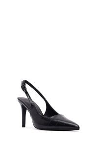 کفش زنانه کروکو مشکی پشت‌باز پاشنه‌نازک دری مد