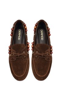 کفش لوفر زنانه جیر قهوه‌ای با جزئیات اکسسوری دری مد